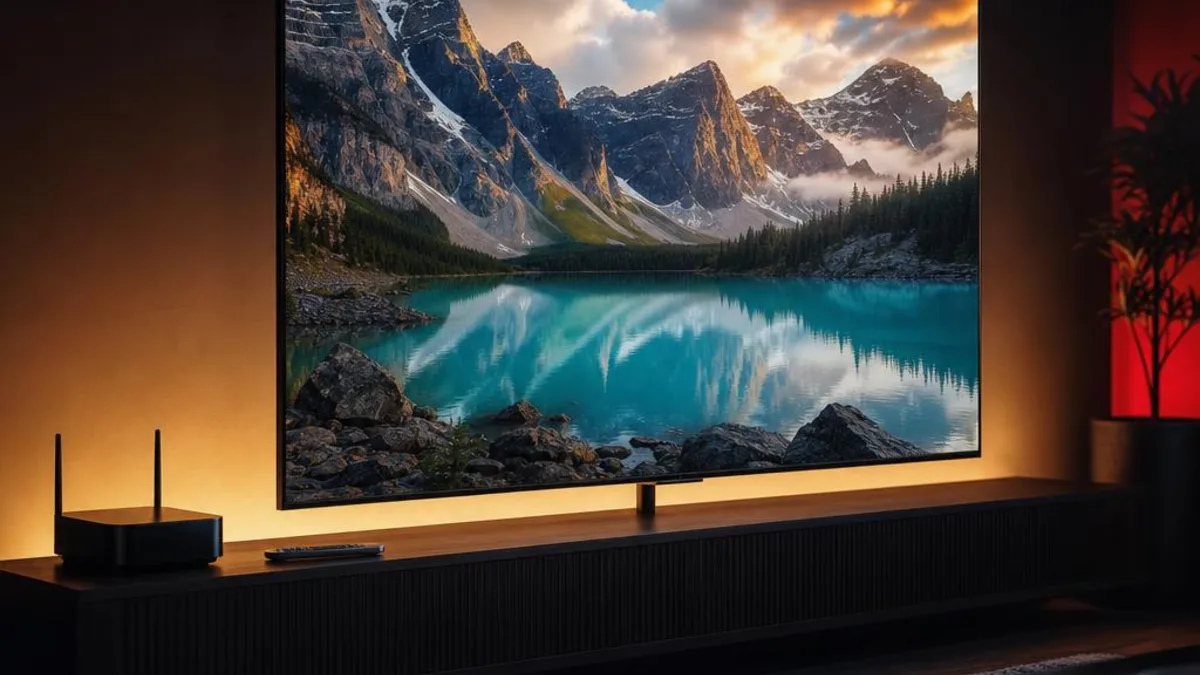 Fernseher mit detailreicher Alpenlandschaft und Router für 4K-IPTV-Streaming