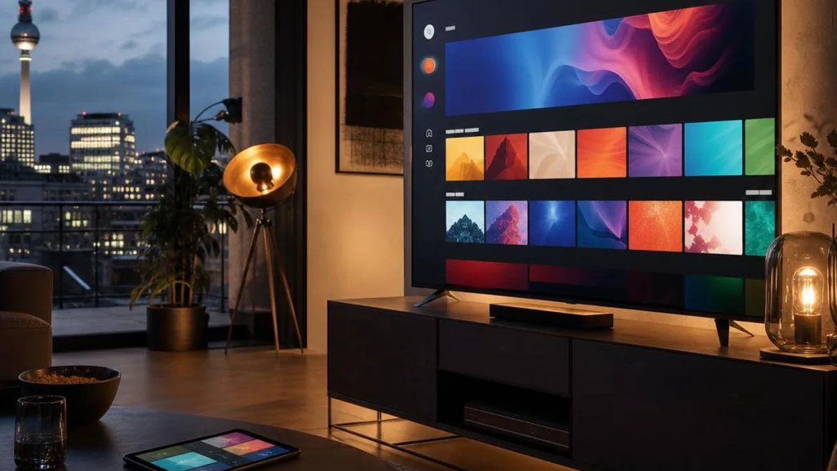 Moderner Wohnbereich mit Smart-TV und Tablet zum Vergleich von IPTV-Angeboten